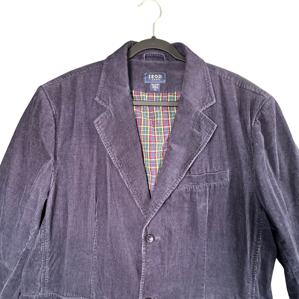VTG IZOD Jeans XL Navy‎ Corduroy Blazer Plaid Lined Two Button Jacket Mens